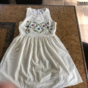 Boho fit and flare cream and floral stitch dress